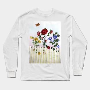 Flowers Growing Through Fence While Butterfly Hovers Long Sleeve T-Shirt